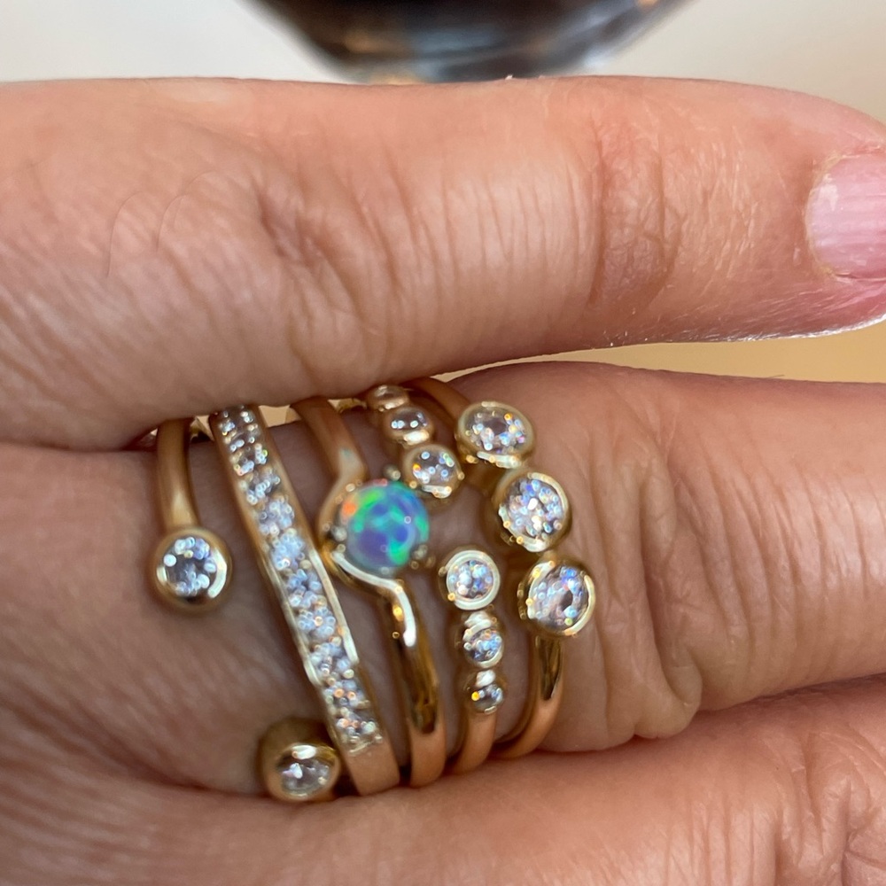 925 Sterling Gold plated Stackable Ring Set W/Opal and CZ Accent SZ 8